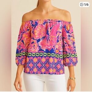 Lilly Pulitzer Sanilla 100% Silk Printed Off-the-Shoulder Blouse Size XL